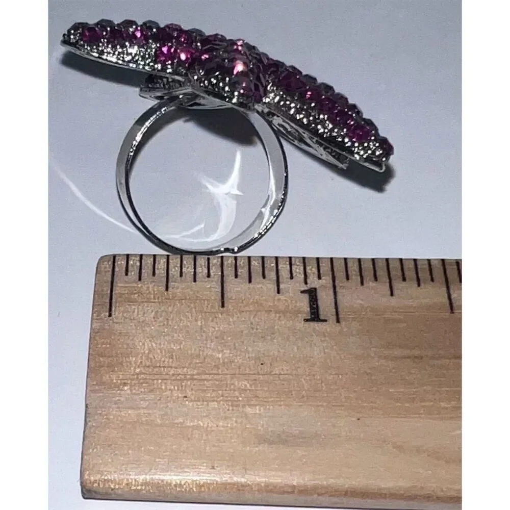 Neon Fuchsia Pink Crystal Starfish Adjustable Ring Ocean Theme